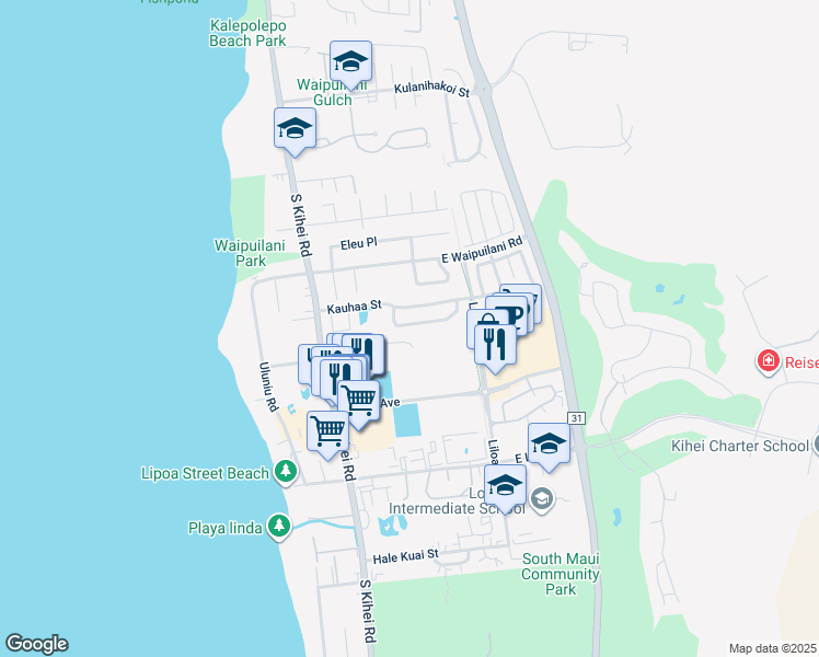 map of restaurants, bars, coffee shops, grocery stores, and more near 46 Laumakani Loop in Kihei