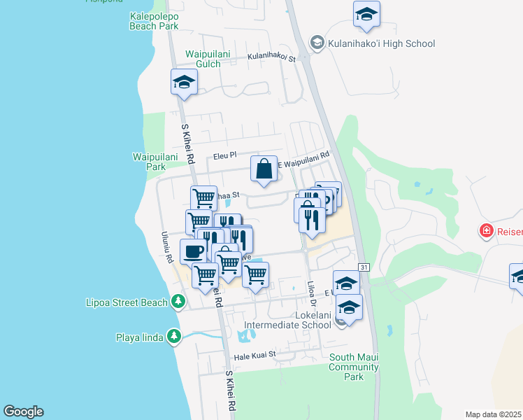 map of restaurants, bars, coffee shops, grocery stores, and more near 54 Laumakani Loop in Kihei