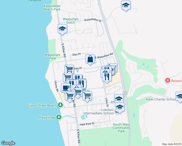 map of restaurants, bars, coffee shops, grocery stores, and more near 66 Laumakani Loop in Kihei