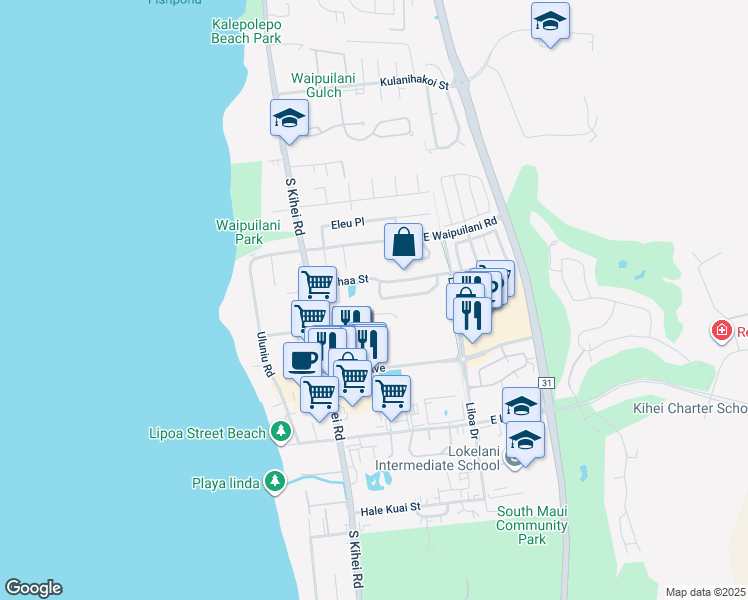 map of restaurants, bars, coffee shops, grocery stores, and more near 24 Laumakani Loop in Kihei