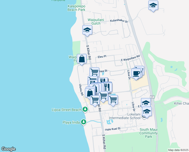 map of restaurants, bars, coffee shops, grocery stores, and more near 18 Laumaewa Loop in Kihei