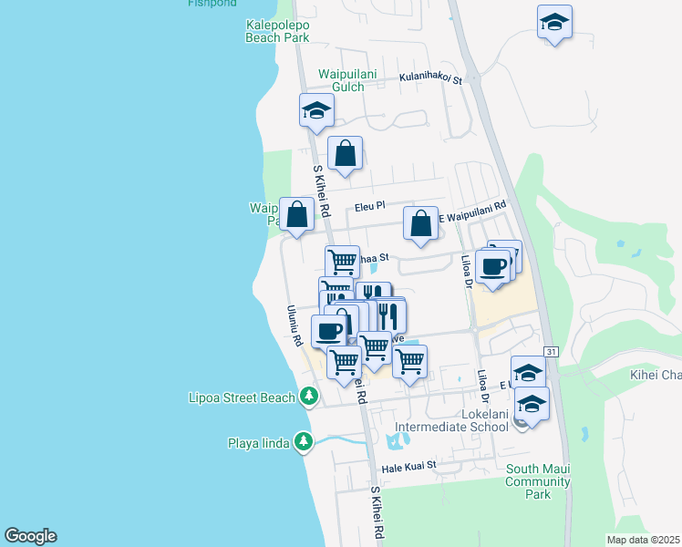 map of restaurants, bars, coffee shops, grocery stores, and more near 18 Laumaewa Loop in Kihei