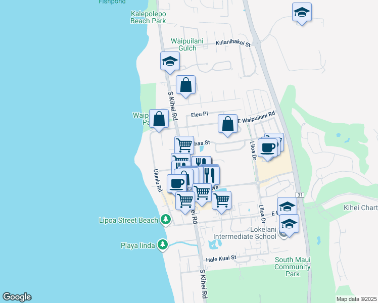map of restaurants, bars, coffee shops, grocery stores, and more near 19 Laumaewa Loop in Kihei