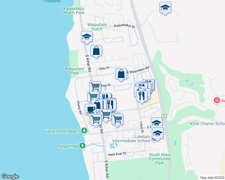 map of restaurants, bars, coffee shops, grocery stores, and more near 18 Laumakani Loop in Kihei