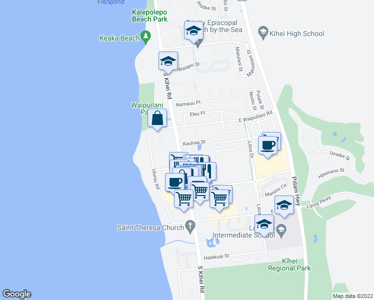 map of restaurants, bars, coffee shops, grocery stores, and more near 19 Laumaewa Loop in Kihei