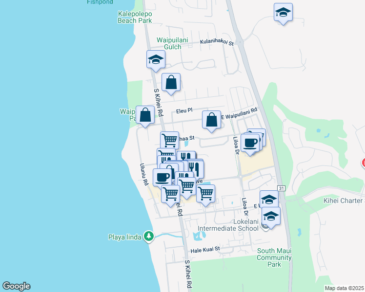 map of restaurants, bars, coffee shops, grocery stores, and more near 62 Laumaewa Loop in Kihei