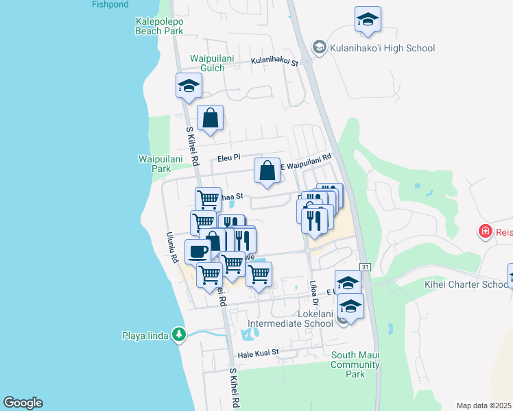 map of restaurants, bars, coffee shops, grocery stores, and more near 35 Laumakani Loop in Kihei