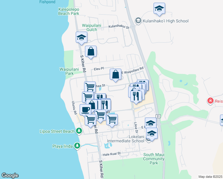 map of restaurants, bars, coffee shops, grocery stores, and more near 41 Laumakani Loop in Kihei