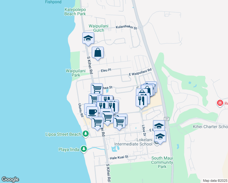 map of restaurants, bars, coffee shops, grocery stores, and more near 18 Laumakani Loop in Kihei