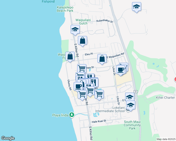 map of restaurants, bars, coffee shops, grocery stores, and more near 62 Laumaewa Loop in Kihei