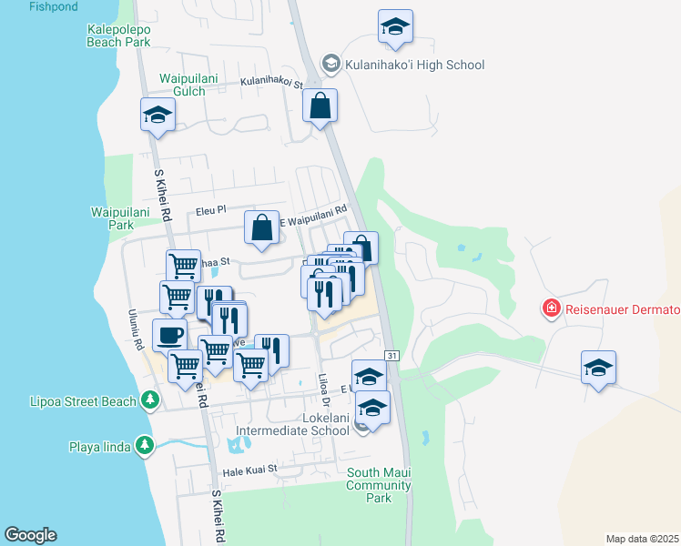 map of restaurants, bars, coffee shops, grocery stores, and more near 90 Luakaha Circle in Kihei