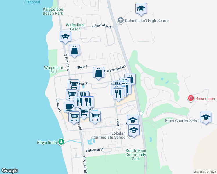 map of restaurants, bars, coffee shops, grocery stores, and more near 106 Laumakani Loop in Kihei