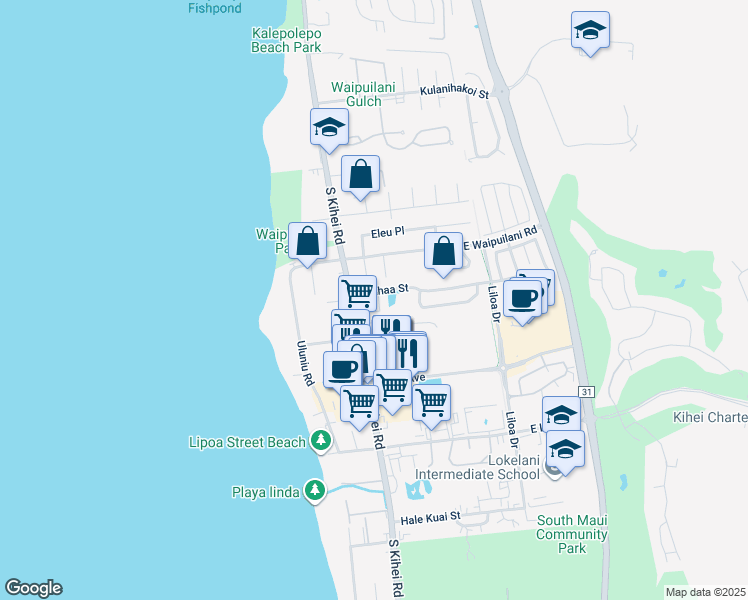map of restaurants, bars, coffee shops, grocery stores, and more near 63 Laumaewa Loop in Kihei