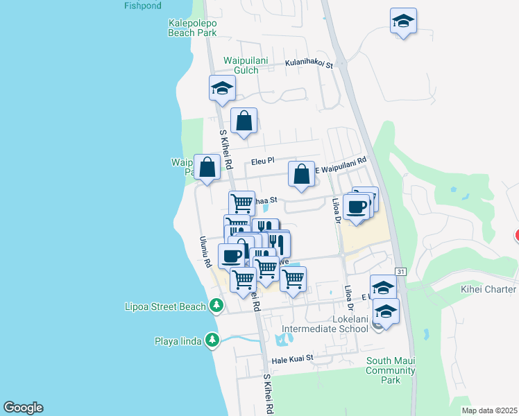 map of restaurants, bars, coffee shops, grocery stores, and more near 64 Laumaewa Loop in Kihei