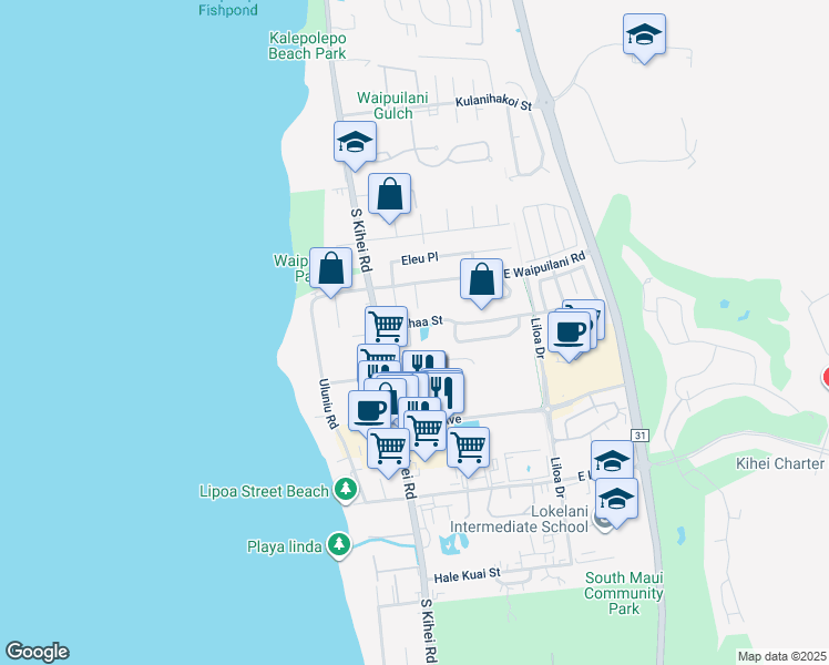 map of restaurants, bars, coffee shops, grocery stores, and more near 64 Laumaewa Loop in Kihei