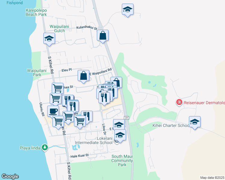 map of restaurants, bars, coffee shops, grocery stores, and more near 104 Luakaha Circle in Kihei