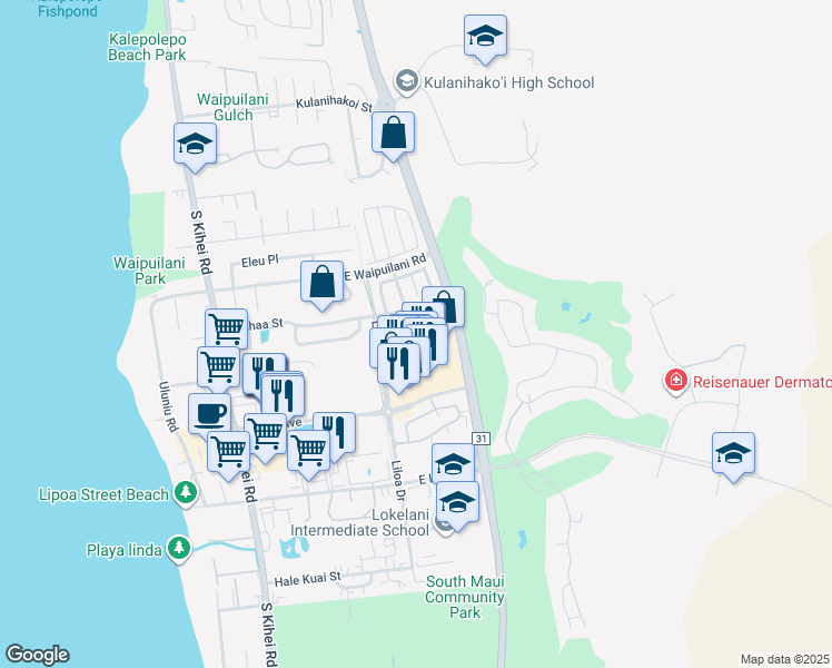map of restaurants, bars, coffee shops, grocery stores, and more near 90 Luakaha Circle in Kihei