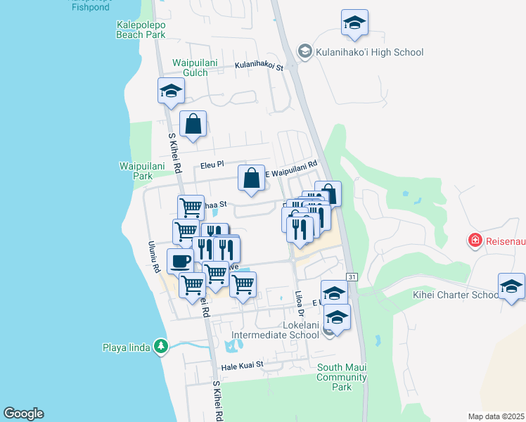 map of restaurants, bars, coffee shops, grocery stores, and more near 85 Laumakani Loop in Kihei