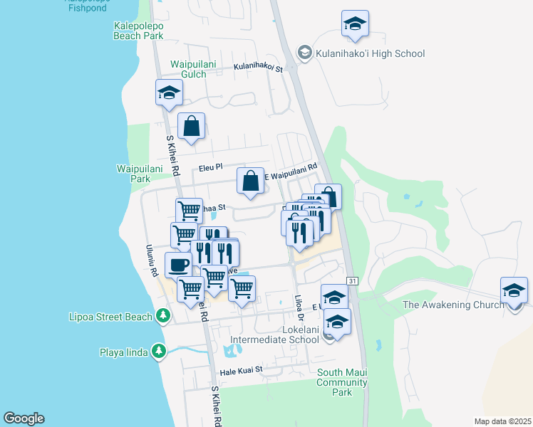 map of restaurants, bars, coffee shops, grocery stores, and more near 99 Laumakani Loop in Kihei