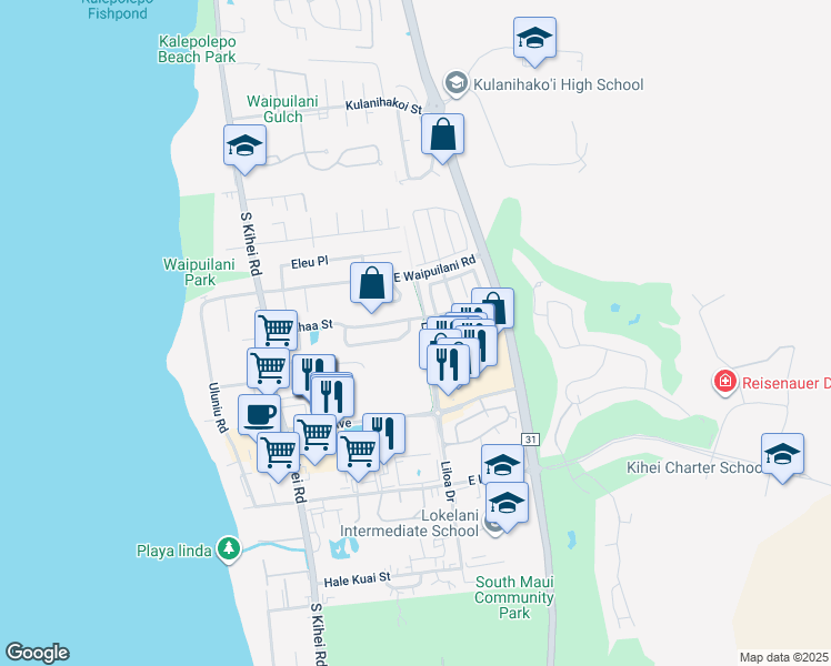 map of restaurants, bars, coffee shops, grocery stores, and more near 106 Laumakani Loop in Kihei