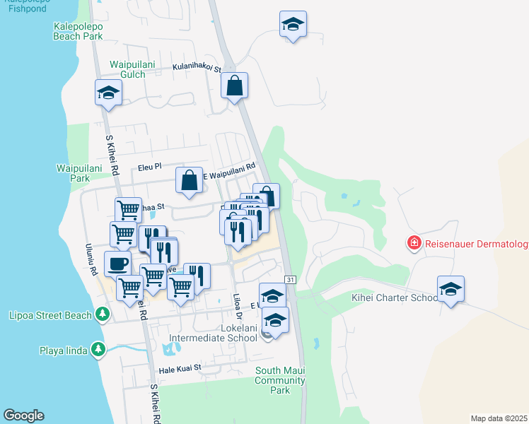 map of restaurants, bars, coffee shops, grocery stores, and more near 120 Luakaha Circle in Kihei