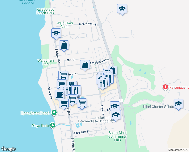 map of restaurants, bars, coffee shops, grocery stores, and more near 112 Laumakani Loop in Kihei