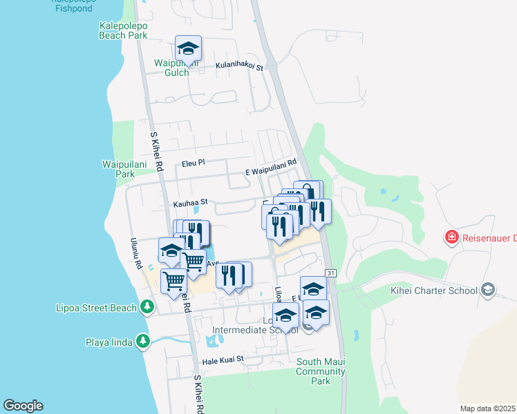 map of restaurants, bars, coffee shops, grocery stores, and more near 112 Laumakani Loop in Kihei