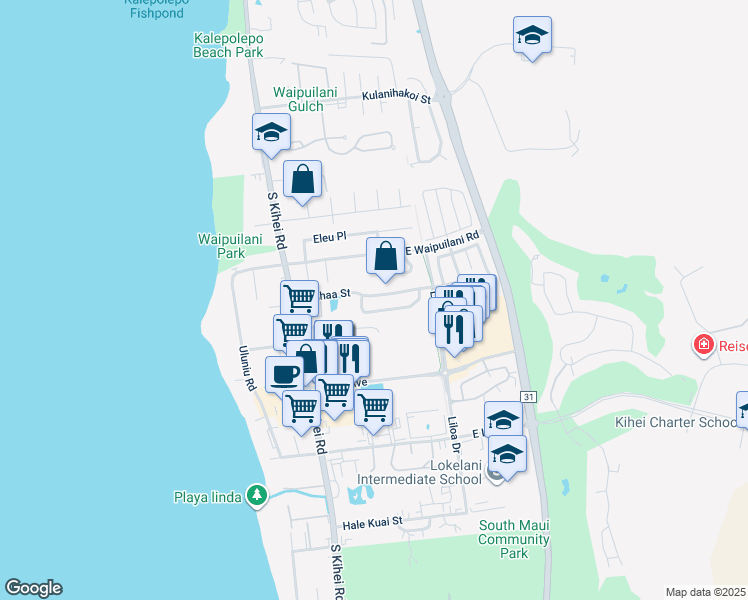 map of restaurants, bars, coffee shops, grocery stores, and more near 120 Kauhaa Street in Kihei