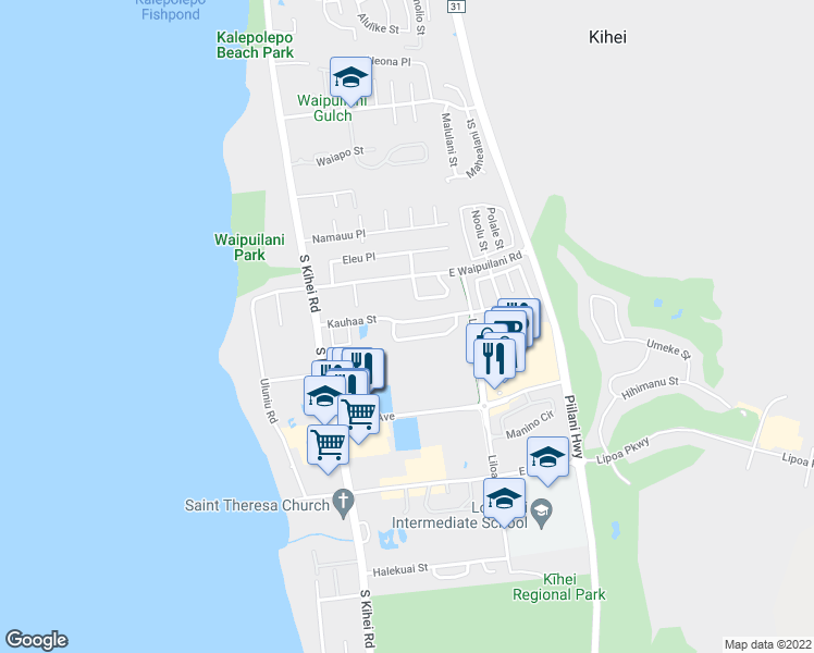 map of restaurants, bars, coffee shops, grocery stores, and more near 120 Kauhaa Street in Kihei
