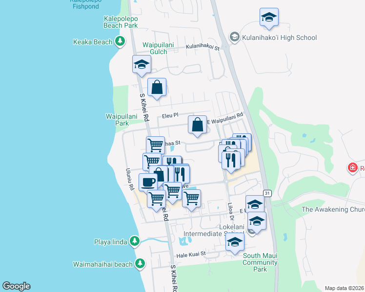 map of restaurants, bars, coffee shops, grocery stores, and more near 119 Kauhaa Street in Kihei
