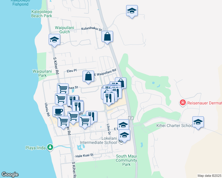 map of restaurants, bars, coffee shops, grocery stores, and more near 82 Luakaha Circle in Kihei