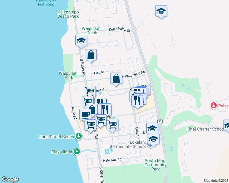 map of restaurants, bars, coffee shops, grocery stores, and more near 130 Kauhaa Street in Kihei