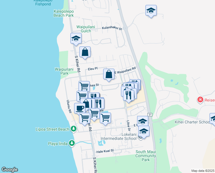 map of restaurants, bars, coffee shops, grocery stores, and more near 130 Kauhaa Street in Kihei