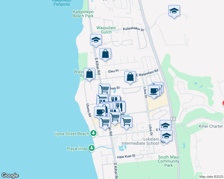 map of restaurants, bars, coffee shops, grocery stores, and more near 72 Laumaewa Loop in Kihei