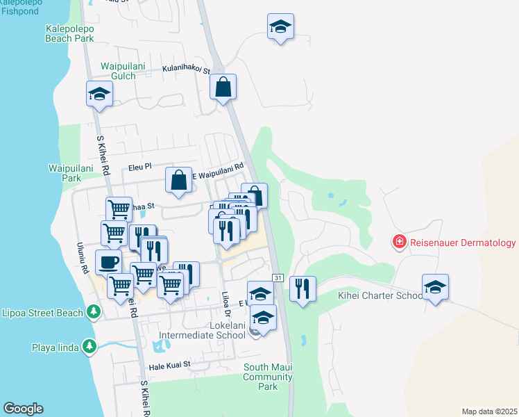map of restaurants, bars, coffee shops, grocery stores, and more near 126 Luakaha Circle in Kihei