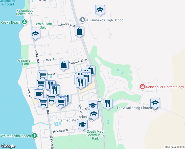 map of restaurants, bars, coffee shops, grocery stores, and more near 126 Luakaha Circle in Kihei