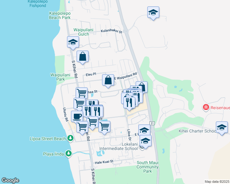 map of restaurants, bars, coffee shops, grocery stores, and more near 170 Kauhaa Street in Kihei