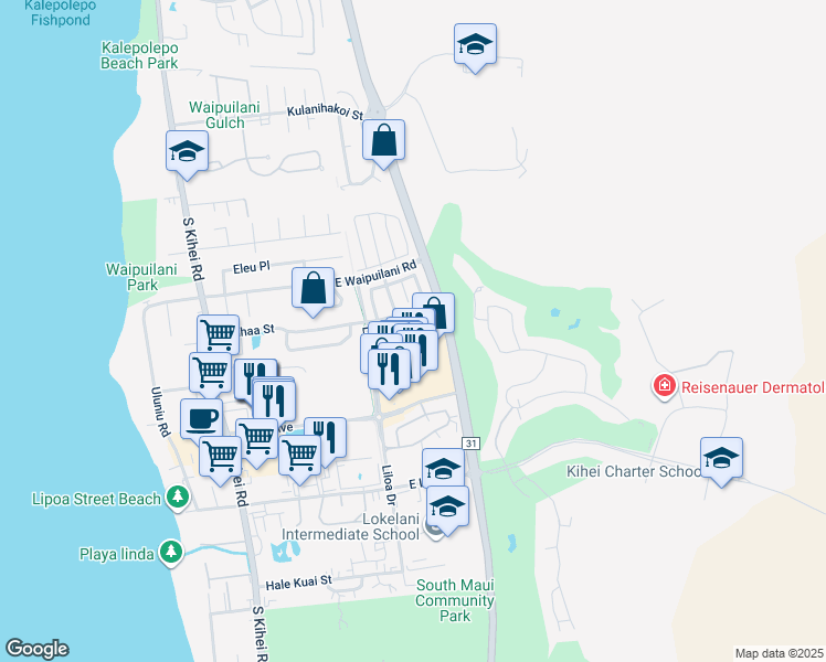 map of restaurants, bars, coffee shops, grocery stores, and more near 11 Waihili Place in Kihei