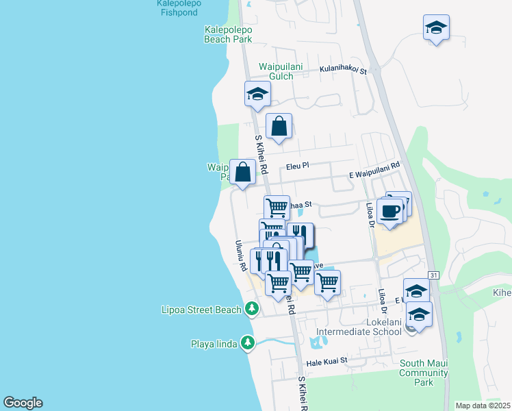 map of restaurants, bars, coffee shops, grocery stores, and more near 1097 Ewa Place in Kihei