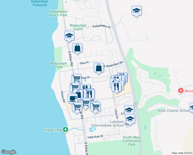 map of restaurants, bars, coffee shops, grocery stores, and more near 125 Kauhaa Street in Kihei