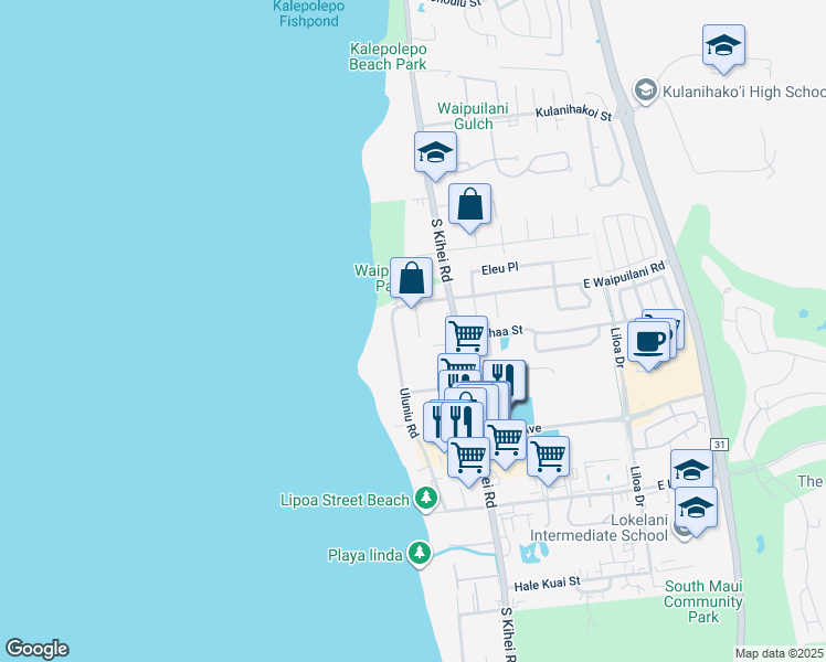 map of restaurants, bars, coffee shops, grocery stores, and more near 1097 Ewa Place in Kihei