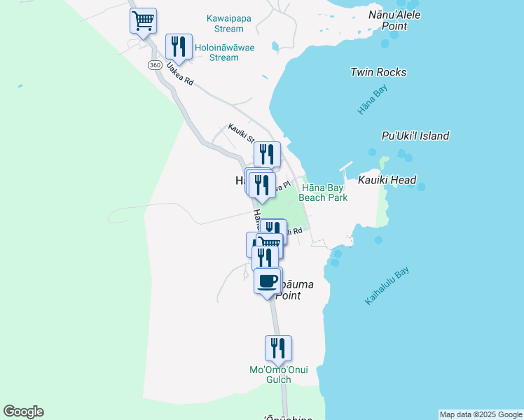 map of restaurants, bars, coffee shops, grocery stores, and more near 5031 Hana Highway in Hana