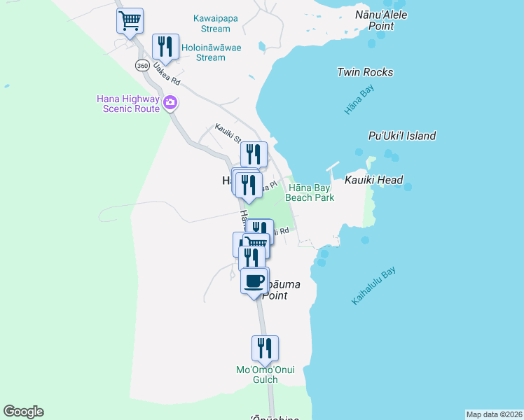 map of restaurants, bars, coffee shops, grocery stores, and more near 5031 Hana Highway in Hana