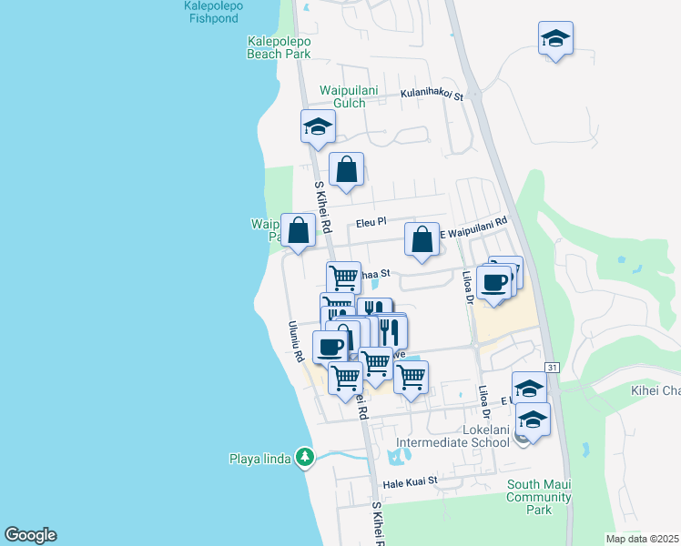 map of restaurants, bars, coffee shops, grocery stores, and more near 1103 South Kihei Road in Kihei