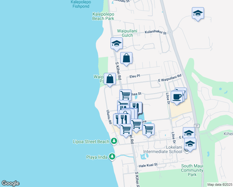 map of restaurants, bars, coffee shops, grocery stores, and more near 1097 Ewa Place in Kihei