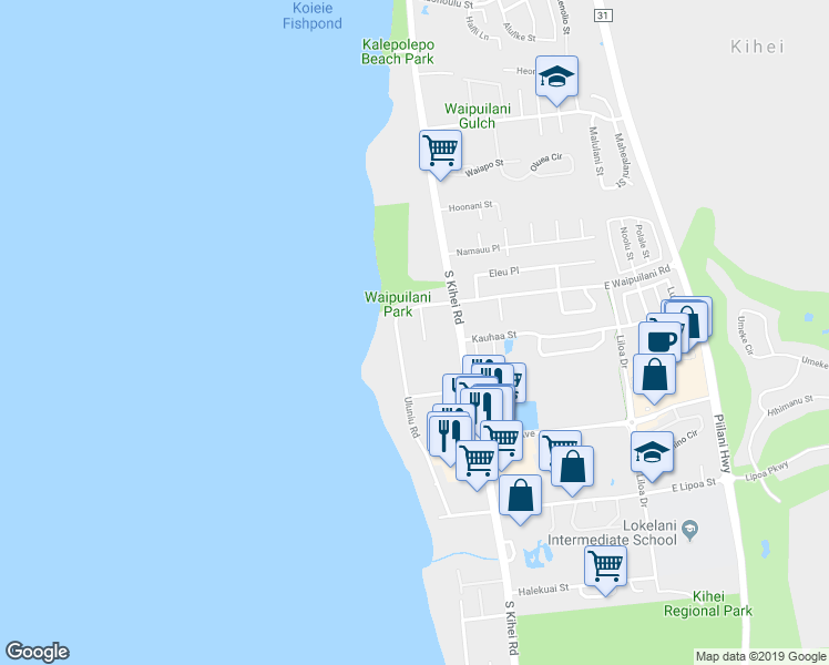 map of restaurants, bars, coffee shops, grocery stores, and more near 1092 Ewa Place in Kihei