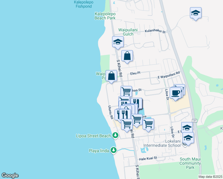 map of restaurants, bars, coffee shops, grocery stores, and more near 1092 Ewa Place in Kihei