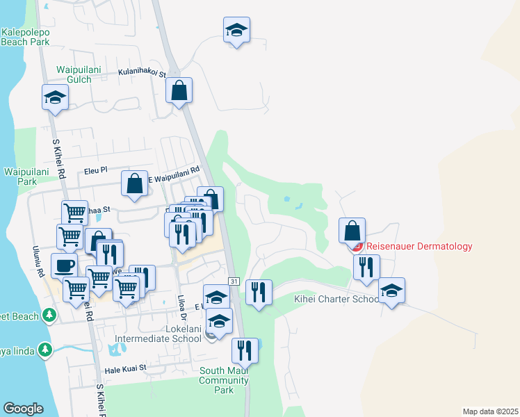map of restaurants, bars, coffee shops, grocery stores, and more near Umeke Circle in Kihei