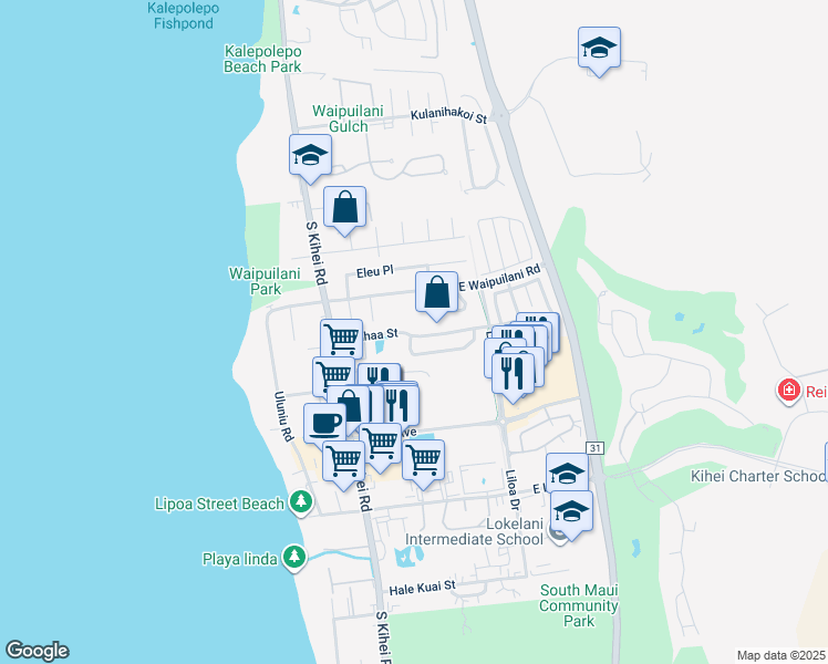 map of restaurants, bars, coffee shops, grocery stores, and more near 105 Kauhaa Street in Kihei