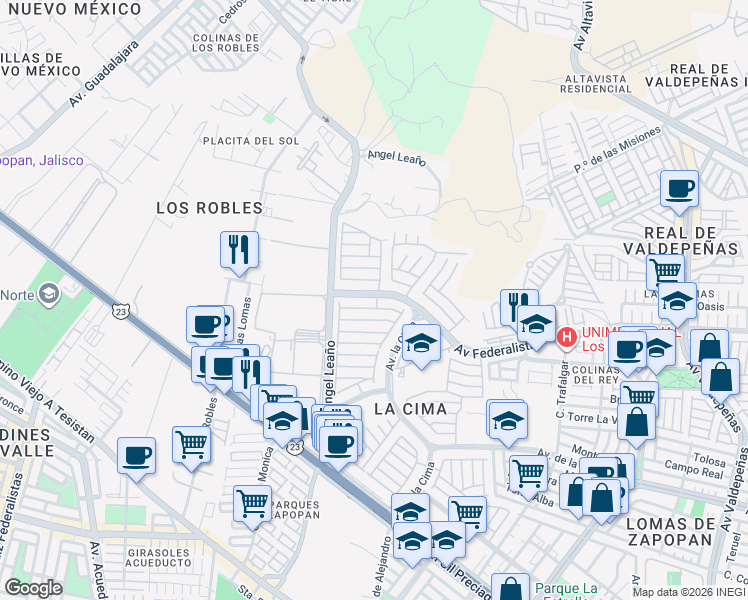 map of restaurants, bars, coffee shops, grocery stores, and more near 2133 Avenida Federalistas in Zapopan